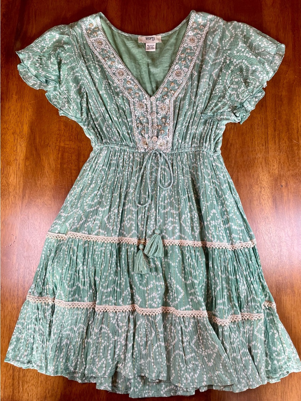 Zury Boho Embellished Tiered Mini Dress Sage Green Free Size